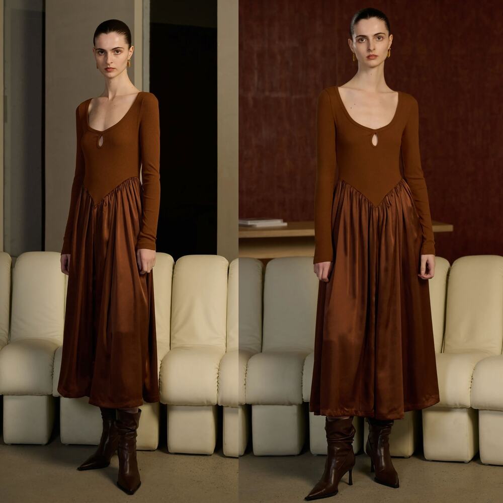 Chic Brown Maxi Dress with Long Sleeves